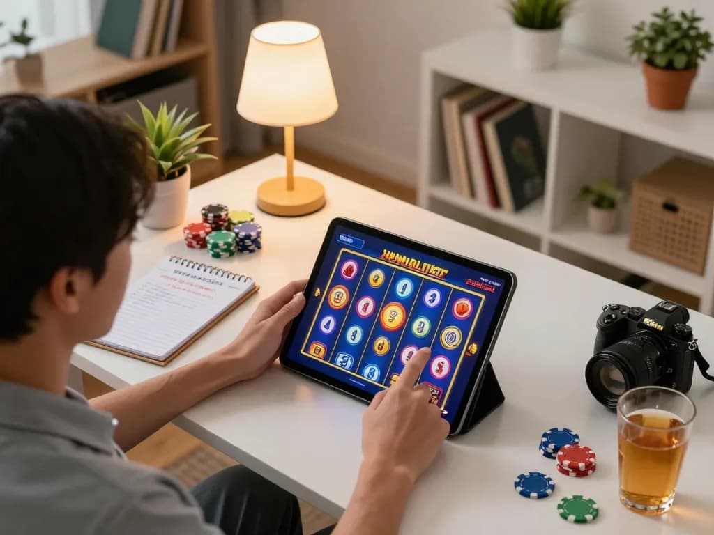 A person enjoys gaming on Agen Slot online showing colorful slot reels on their tablet in a cozy home setting.