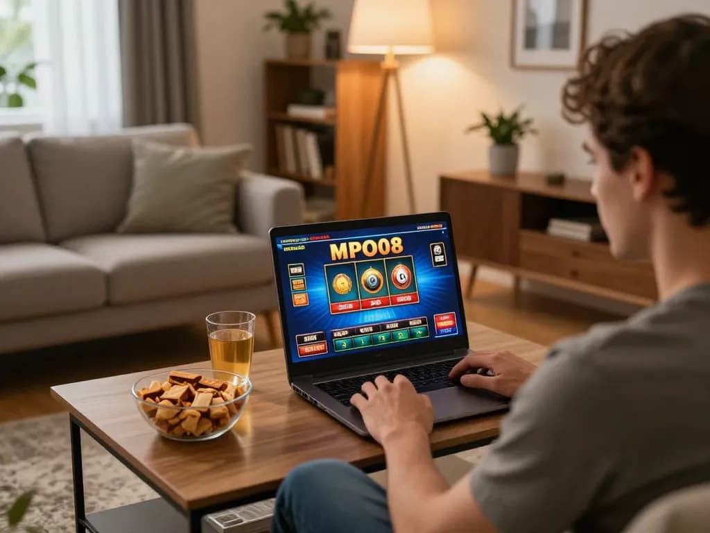 MPO08 SLOT gameplay on laptop in a cozy home setting with snacks and warm lighting.