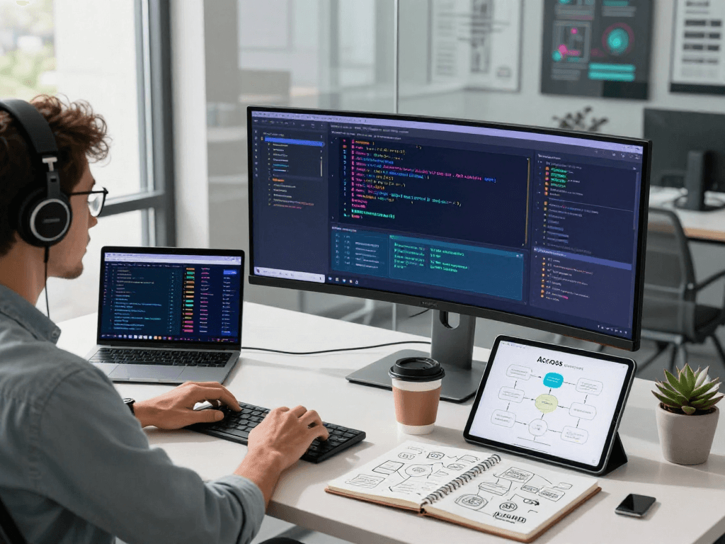 Developer using acrossprotocol in a modern office, showcasing cross-chain integrations and collaboration.