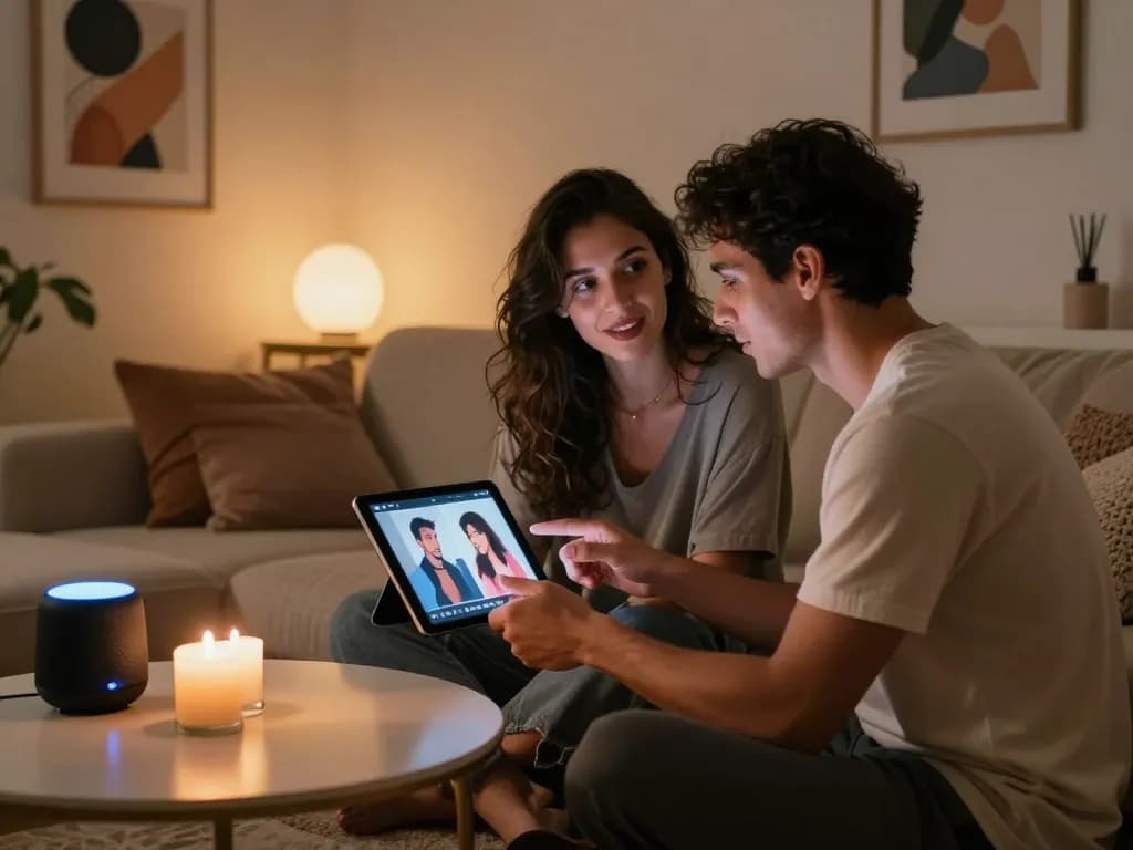 Couple exploring AI sex technology in a cozy, modern space.