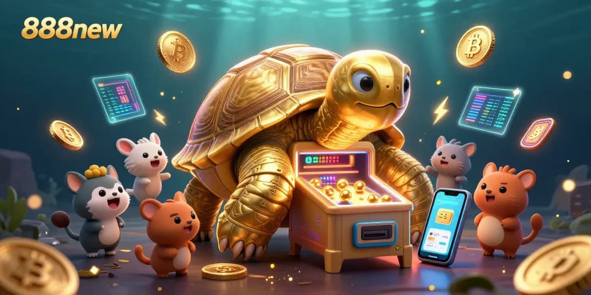 Engage with 888new's interactive crypto gaming featuring a vibrant tortoise pinball machine.