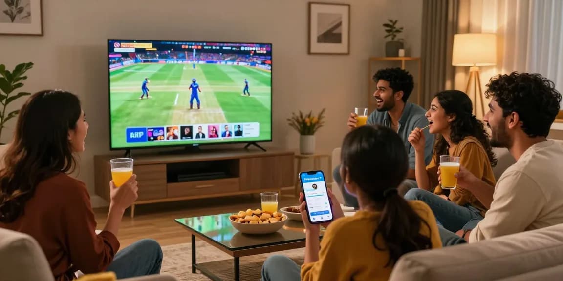 Pikashow APK streaming experience with friends enjoying an IPL cricket match in a cozy living room, showcasing excitement and modern entertainment.
