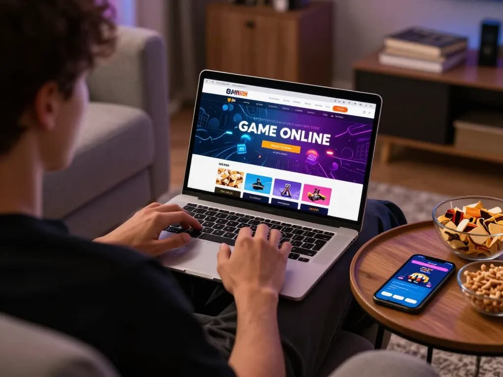 Engaging in GAME ONLINE while playing on a laptop, surrounded by comfort and strategy.