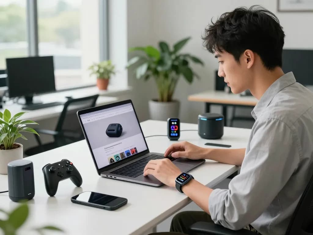 The latest tech gadgets 2086 showcased in a modern workspace, featuring a young professional amid a variety of innovative Bluetooth devices.