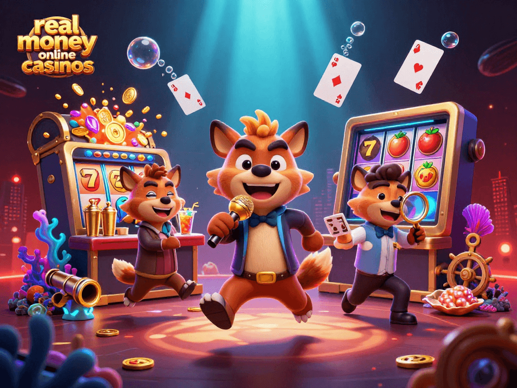 Engage with real money online casinos in a vibrant scene featuring hyenas at a lively casino club.
