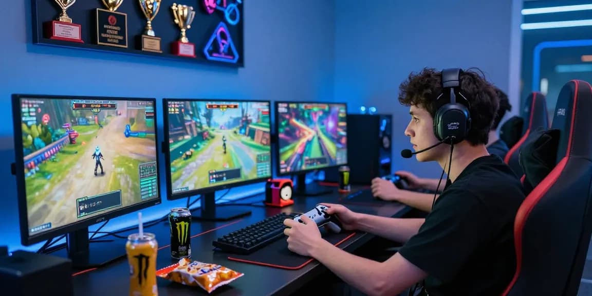 B52 gaming player focused on competitive gaming setup with vibrant displays and immersive atmosphere.