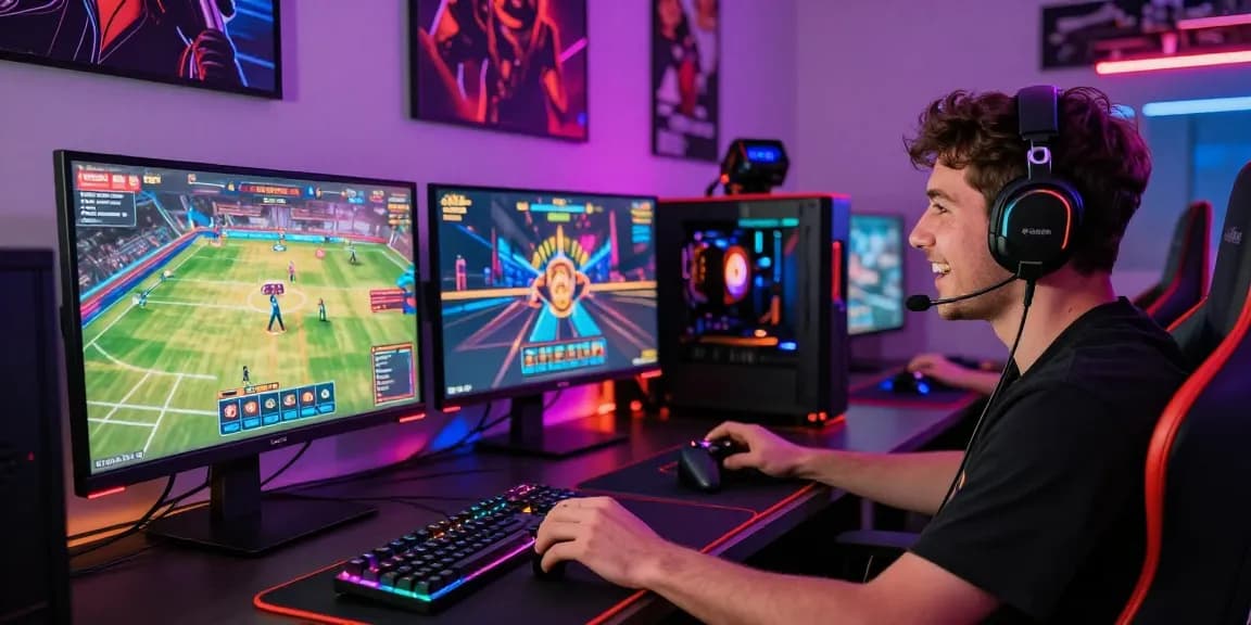 Gamer engaged in thrilling XX88 gaming session with multiple screens showing exciting games in a vibrant setting.