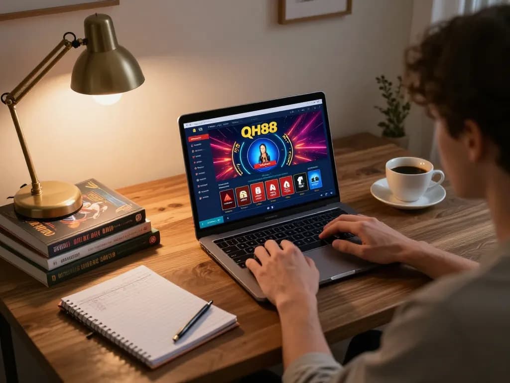 Engaging scene of a player utilizing qh88go for online casino gaming while tracking strategies at home.