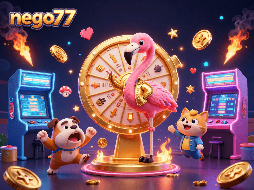 Catch the excitement at nego77 with a vibrant casino game scene featuring a flamingo host, bulldog contestant, and prize scoreboard.