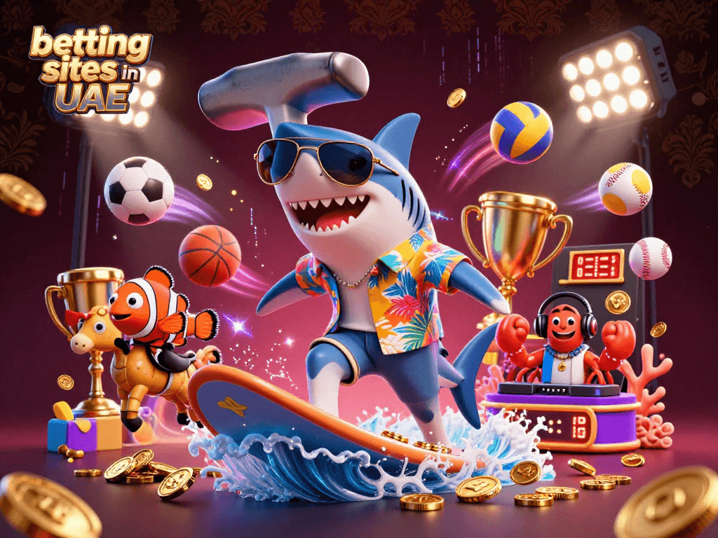Betting sites in UAE feature a 3D shark and friends in a vibrant sports-themed scene, celebrating dynamic wins.