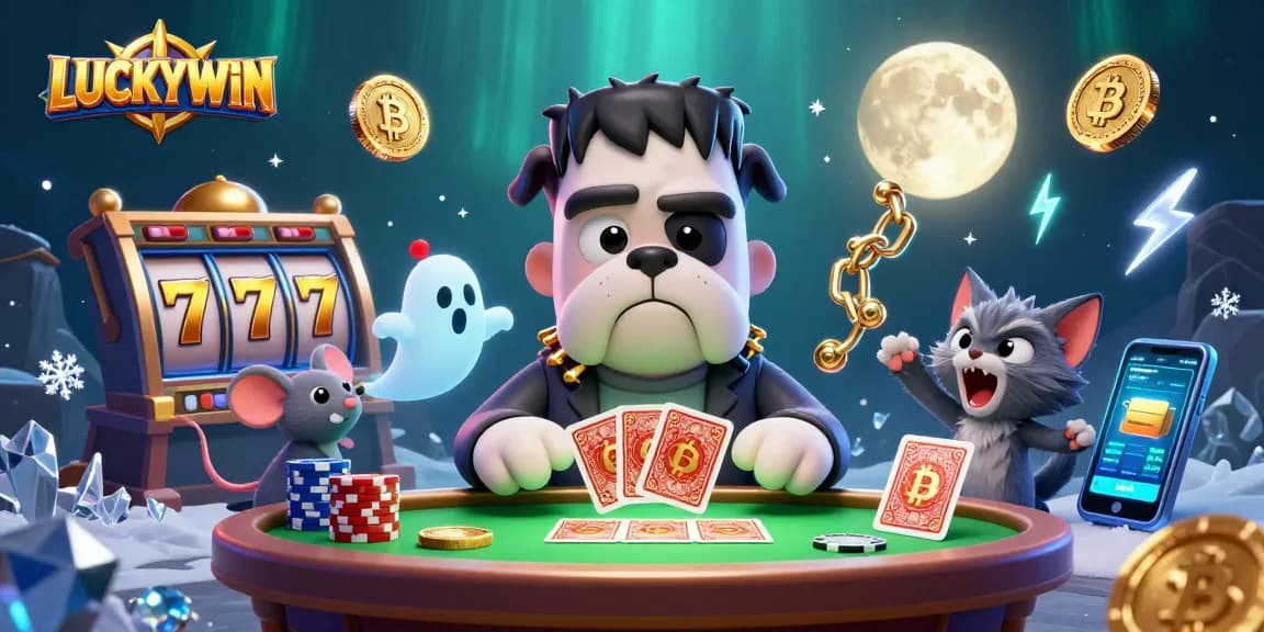 Experience the excitement of LUCKYWIN with a colorful casino scene featuring unique characters and magical game elements.