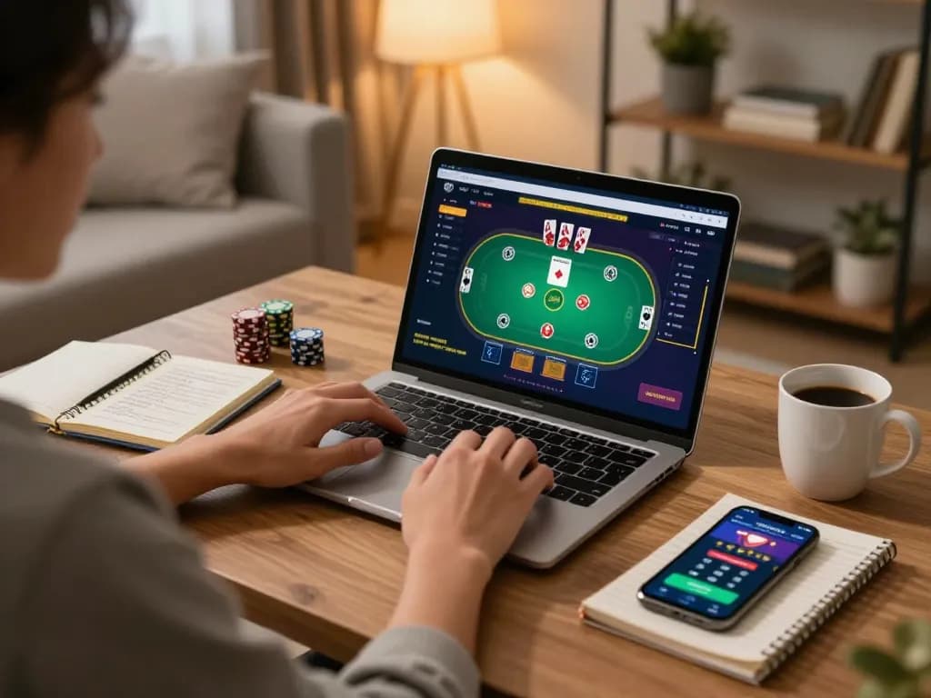 LGO GOAL strategy session at home with poker played on laptop, notes in view.