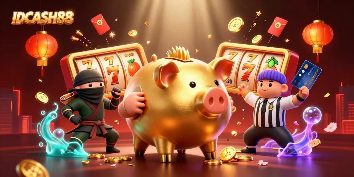 Spin to win at IDCASH88 with a golden piggy bank sumo wrestler and vibrant casino games.