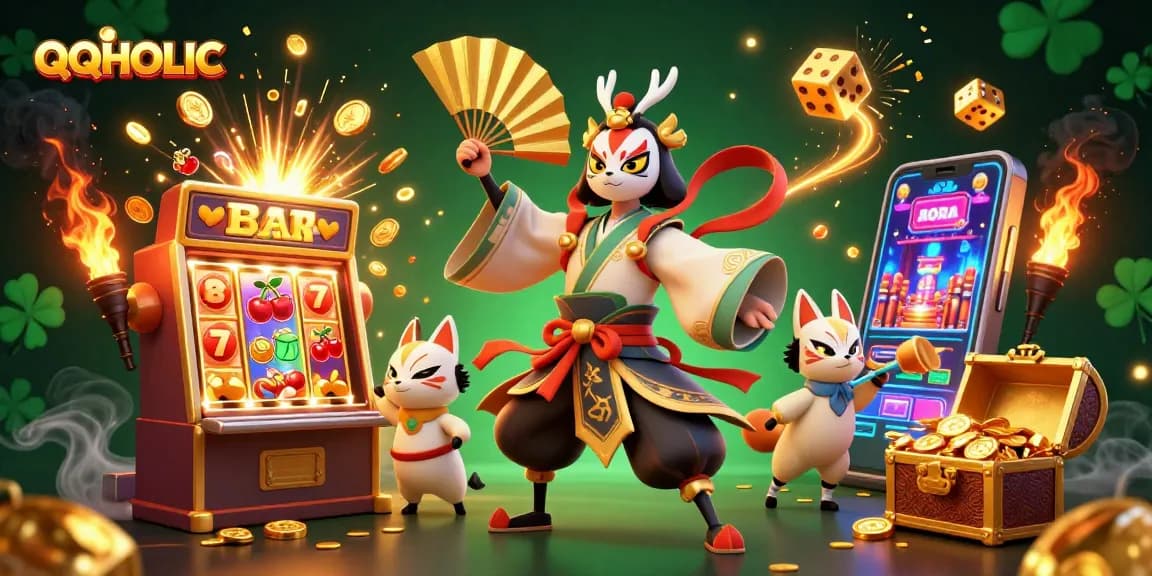 Experience thrilling jackpots and gaming fun at QQHOLIC with vibrant casino scenes and colorful characters.