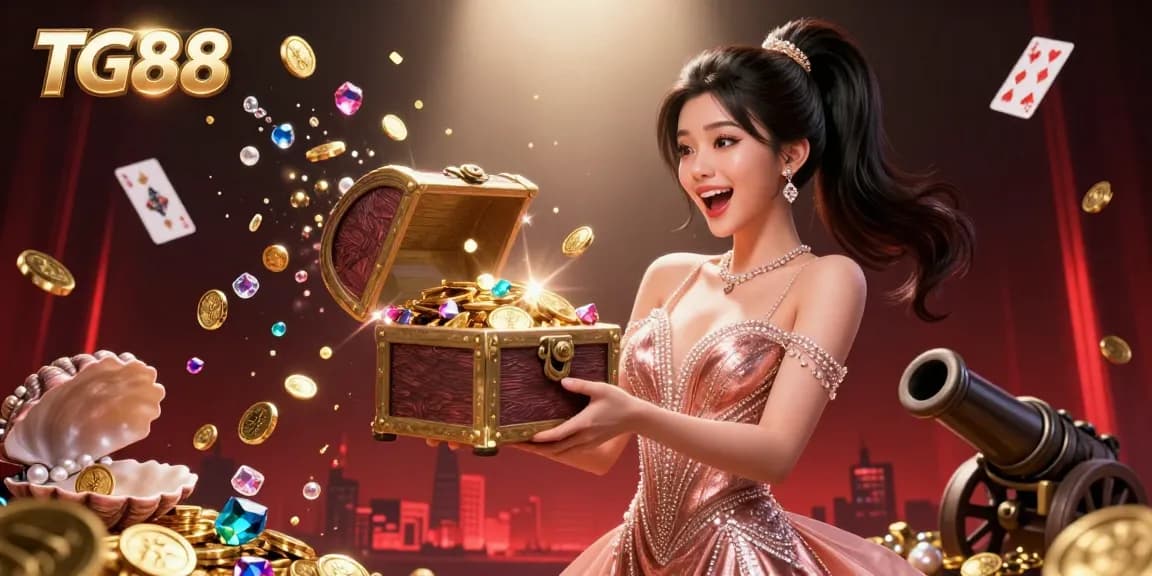 TG88 offers thrilling gaming excitement with dazzling treasures overflowing from a chest in a dynamic casino scene.
