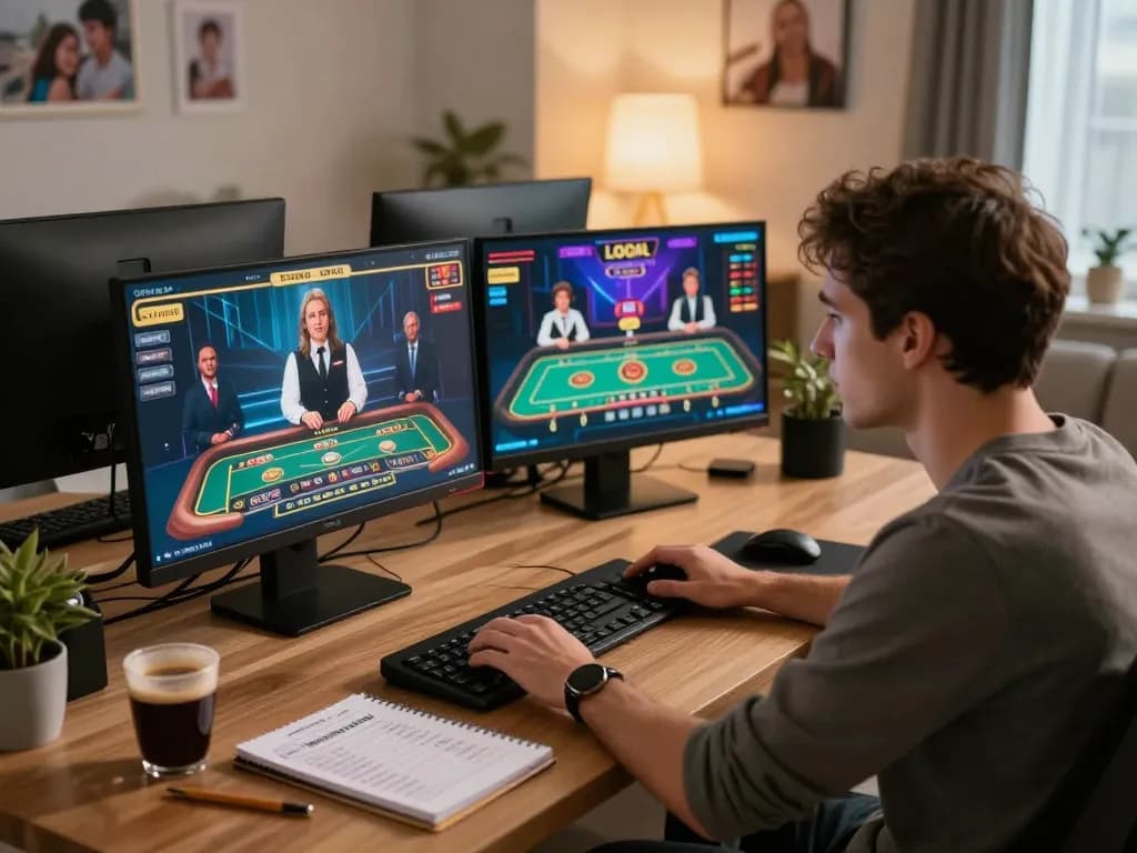 LGO GOAL online gaming platform showcasing a player focusing on live dealer game strategies in a cozy home office.
