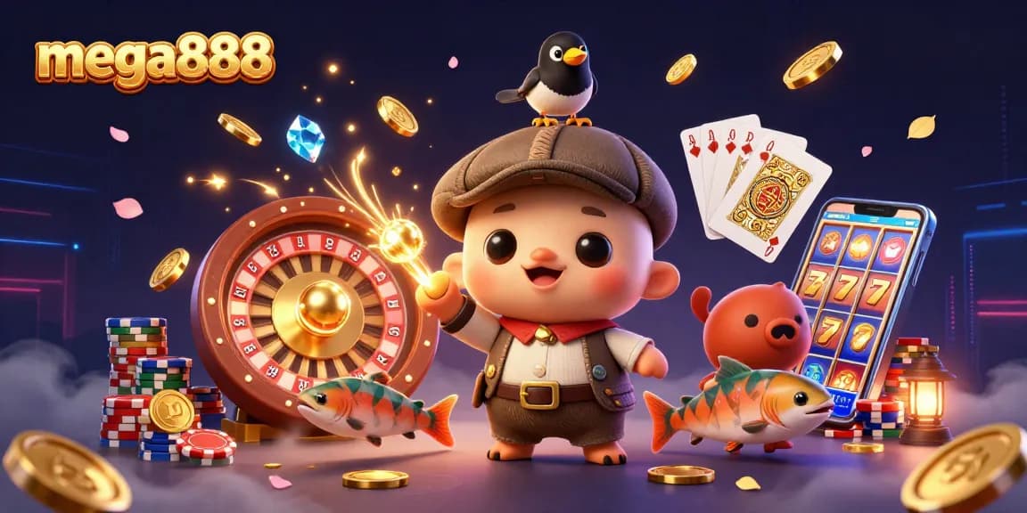 Experience the excitement of mega888 slots with vibrant characters and dynamic game elements spinning around.