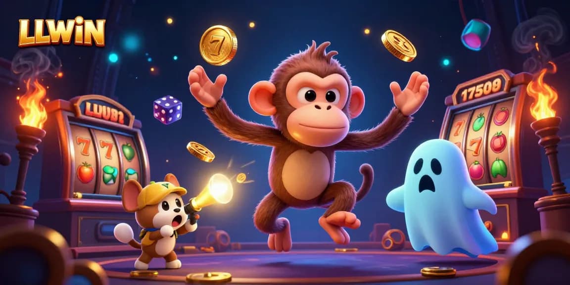 LLWIN showcases an exciting 3D casino scene with vibrant slot elements and a mischievous ghost, enhancing online gaming.