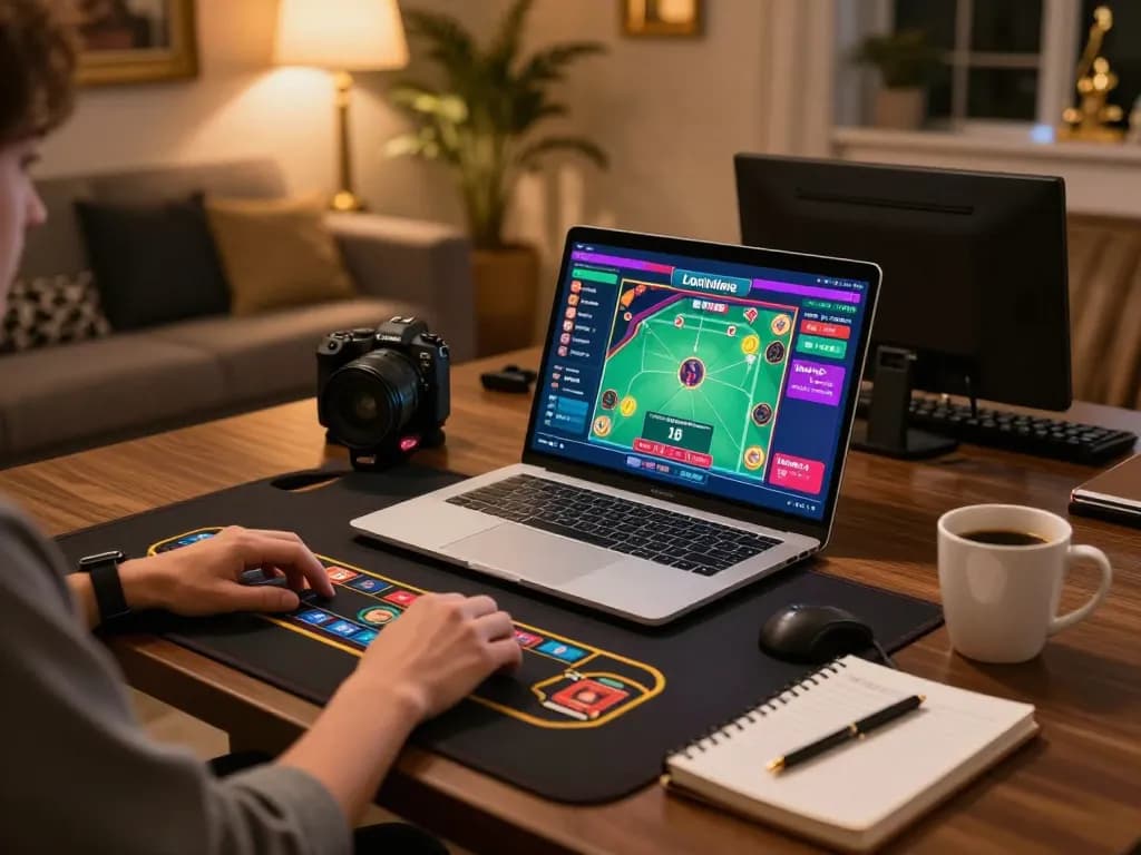 Play poker at 789bet with a live dealer game on your laptop in a cozy gaming setup.