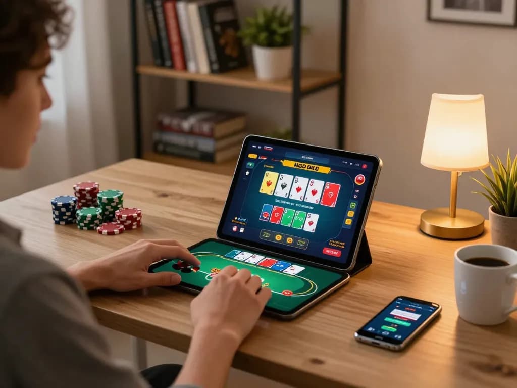 Engaging in an online poker game on a tablet at home, showcasing 789 WIN strategies in a cozy setting.