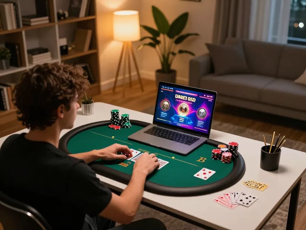 Playing online poker at home, showcasing a vibrant setup linked to trang chủ uu88 in a stylish environment.