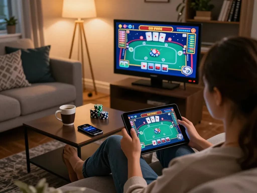 Engaging in a poker game on a tablet with sun win casino interface in a cozy living room setup.