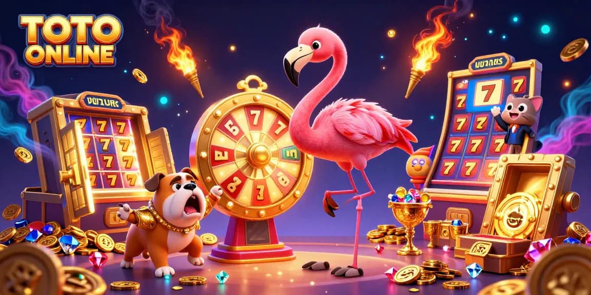 TOTO ONLINE jackpot scene with a flamingo host, bulldog contestant, and cat assistant amidst slot reels and gold.