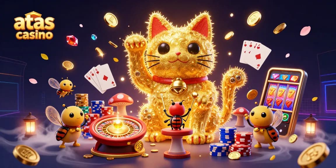 Experience joyous gaming with atas casino's lucky cat and vibrant symbols.