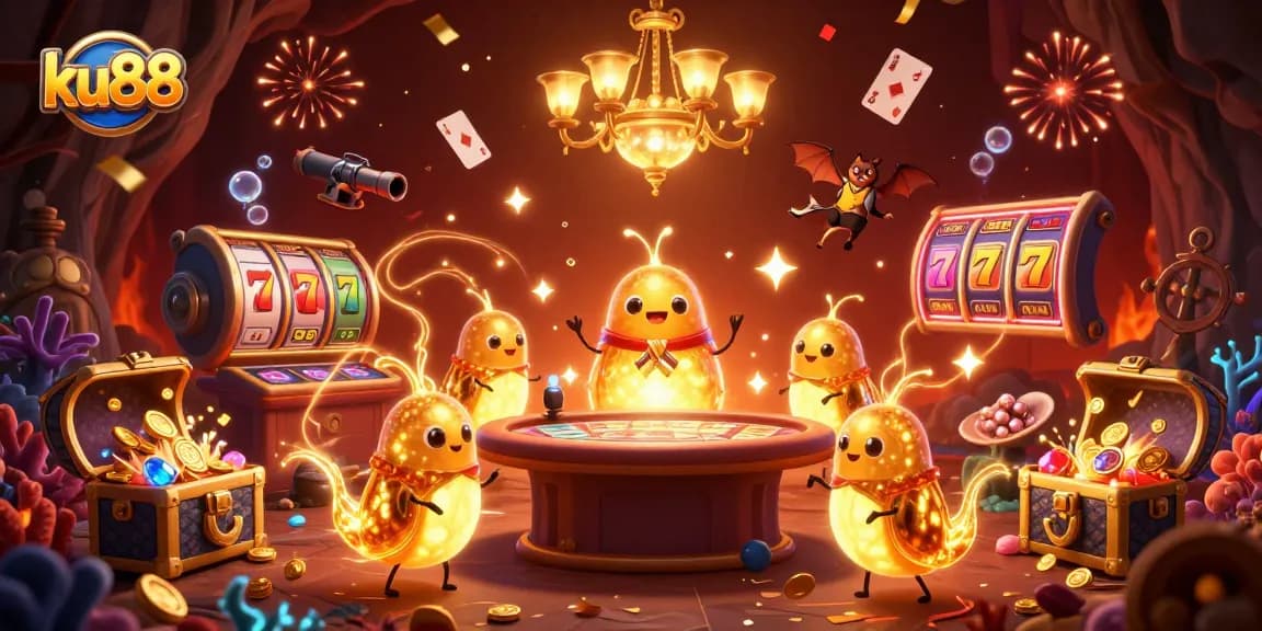 Experience ku88's exciting casino atmosphere filled with vibrant glowworms, slot reels, and gold treasures.