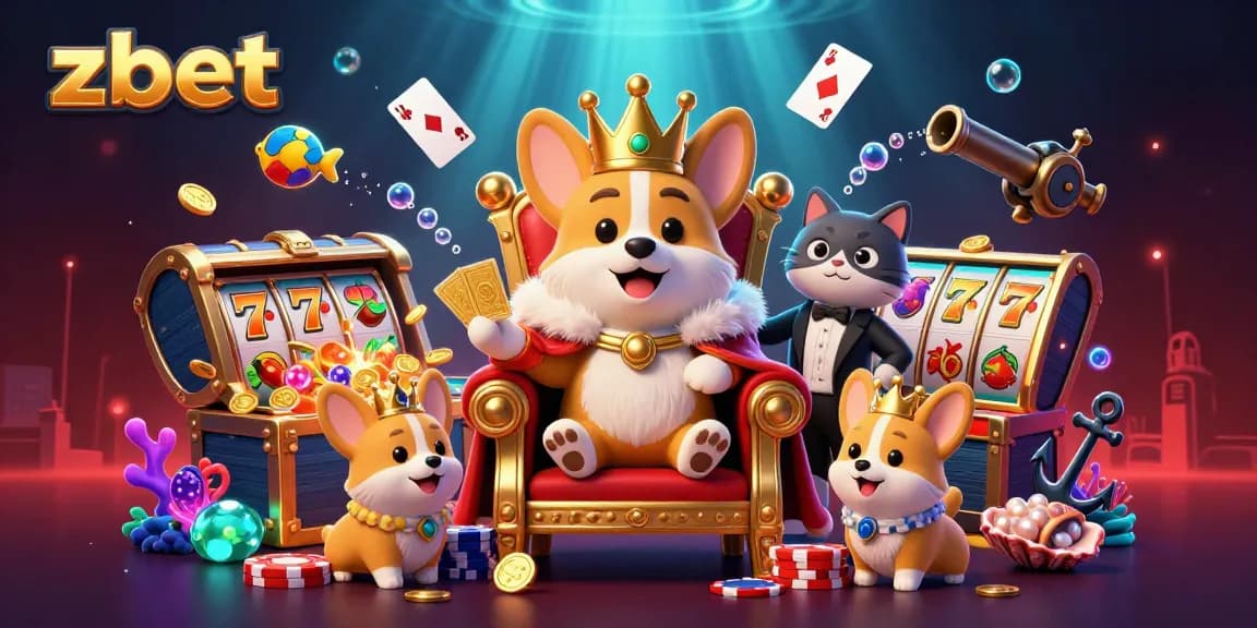 Experience thrilling wins at zbet with an extravagant 3D cartoon illustration of royal corgis and casino elements.