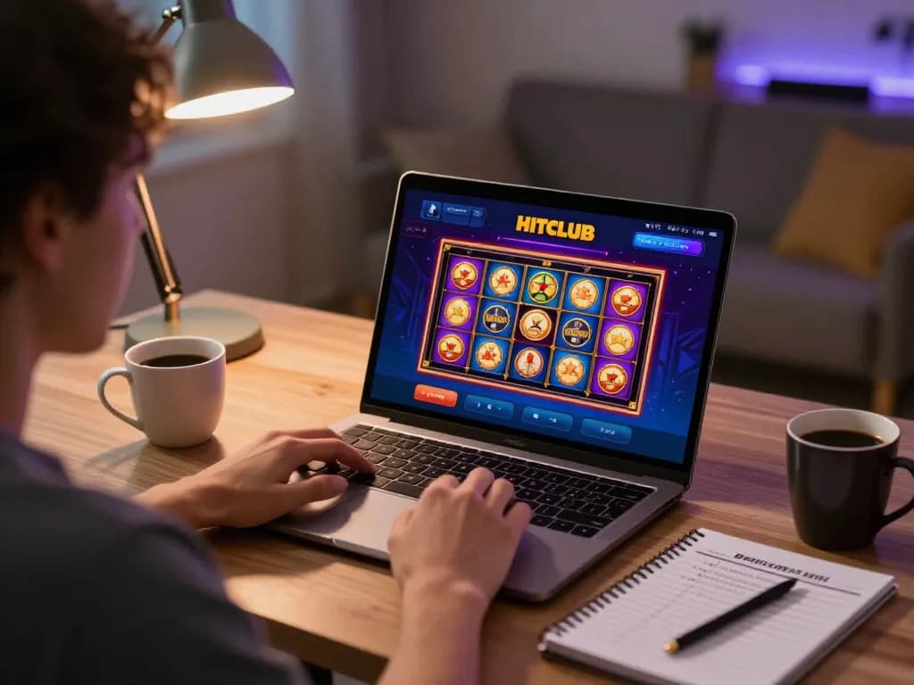 Player enjoying hitclub casino app on laptop with vibrant slot games displayed.