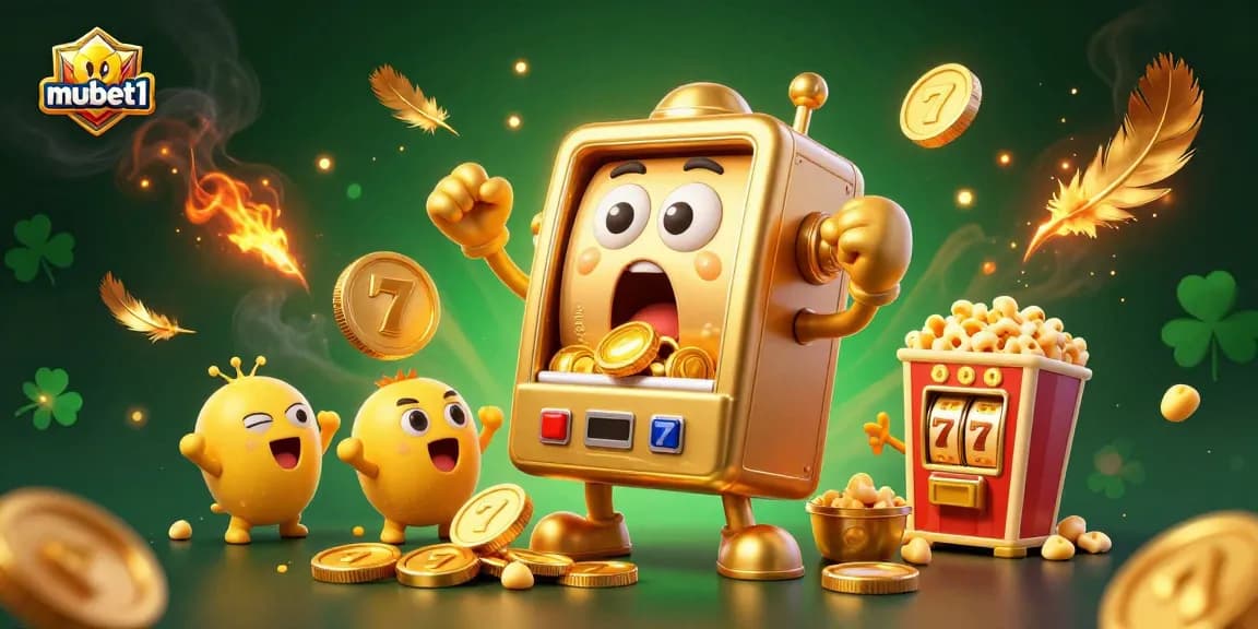 Excited golden slot machine hitting a jackpot in the exciting world of mubet1, overflowing with coins.