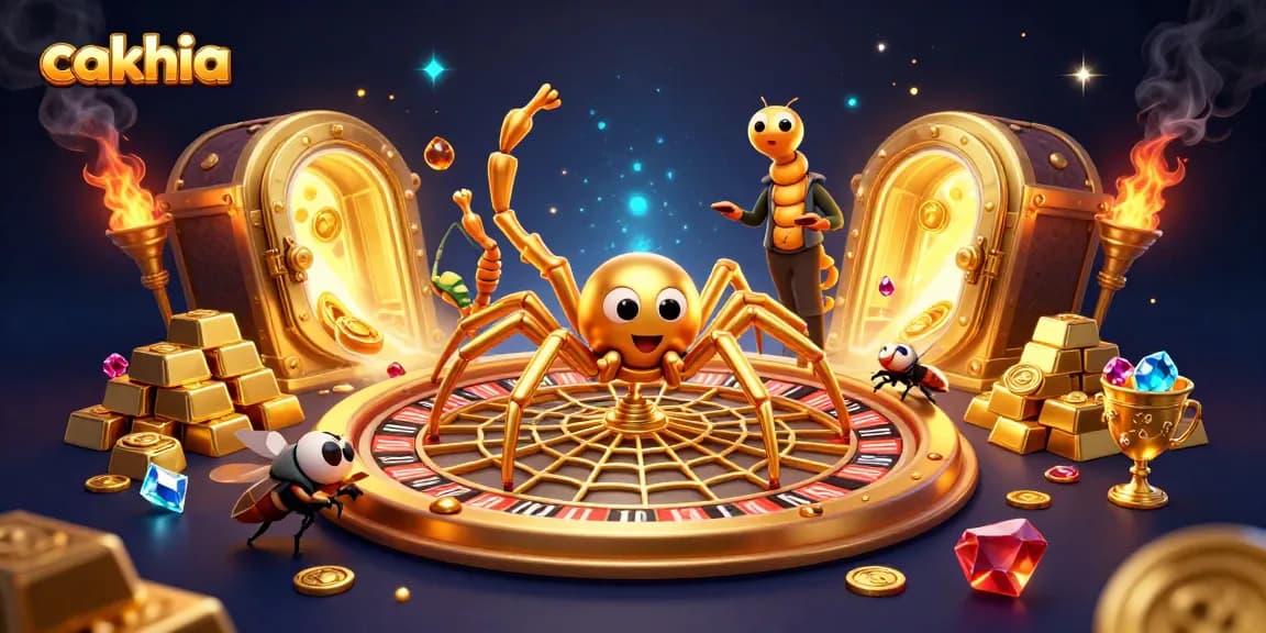 Experience thrilling gameplay with cakhia's vibrant gambling scene featuring a golden spider and croupier.