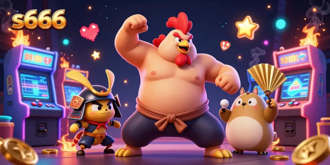 Experience the thrill of s666 gaming with an engaging 3D illustration of a powerful sumo wrestler rooster and samurai cricket in action.