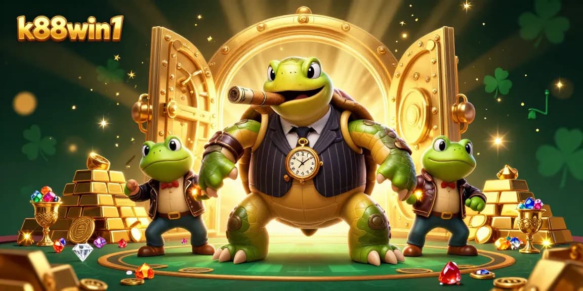 The energetic scene of k88win1 featuring a snapping turtle in a mobster suit amidst gold treasures and casino elements.