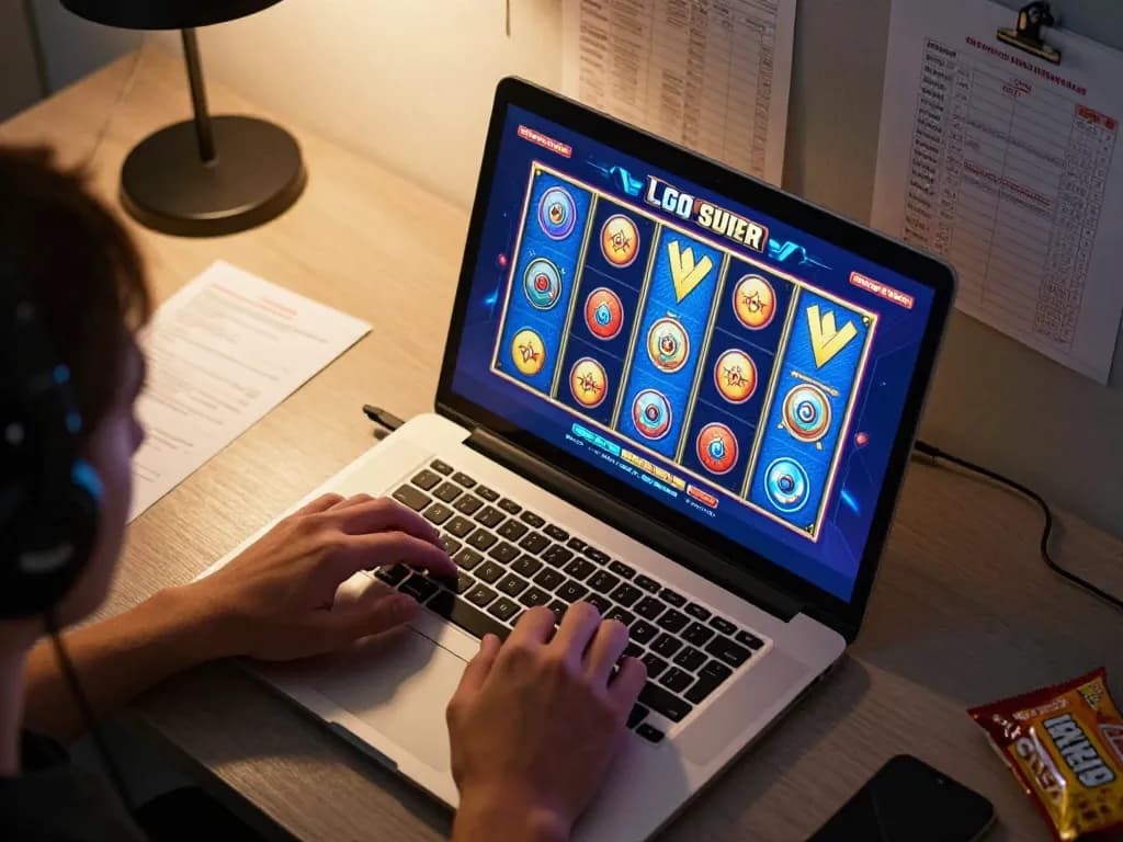 LGO SUPER gameplay on a laptop highlights strategic slot gaming in an organized home setting.
