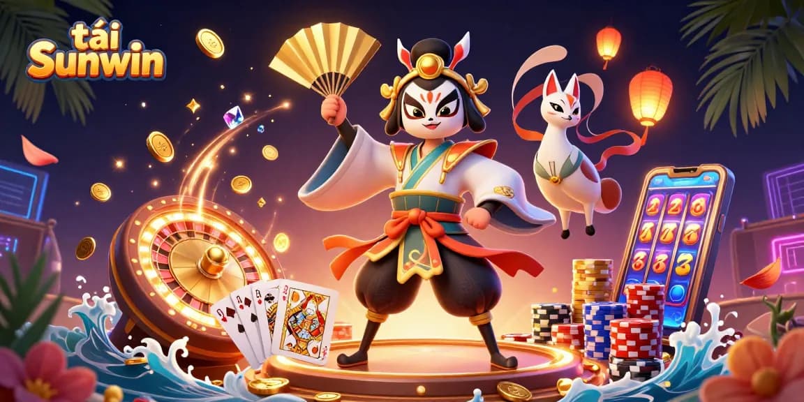 Engage with the excitement from tải Sunwin through an artistic casino scene with kabuki characters and dynamic elements.
