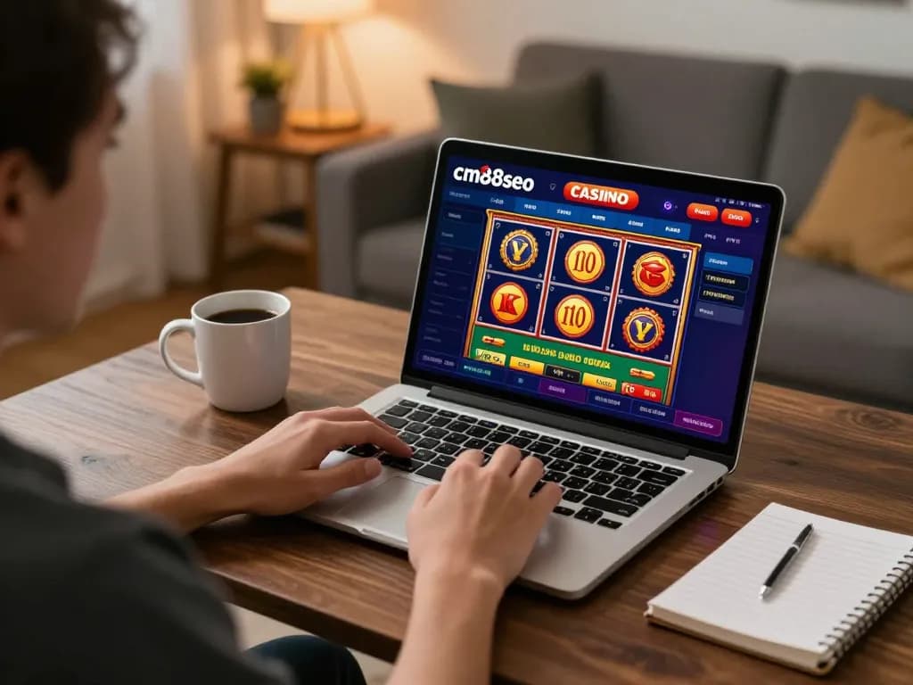 Person playing casino games on cm88seo app at home, showcasing strategic gameplay in a cozy setting.