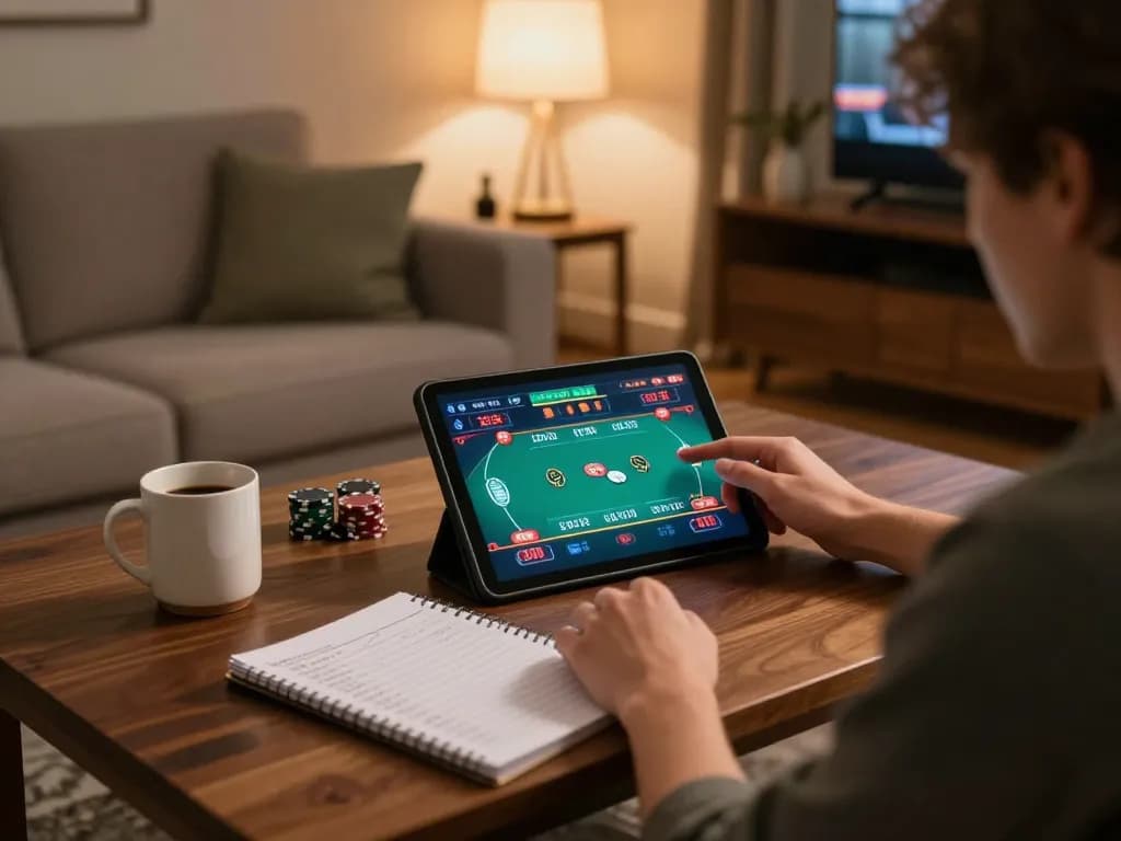 MM88 player enjoying a thrilling online poker session on tablet, immersed in game strategy and focus.