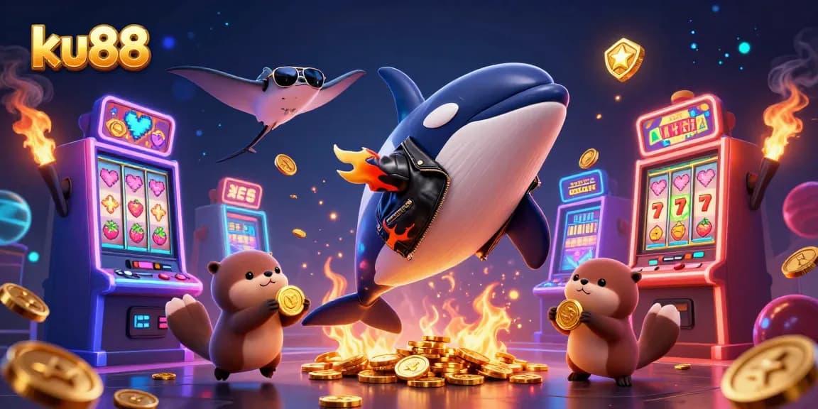ku88 showcases a vibrant 3D casino scene with characters, slot machines, and golden coins.