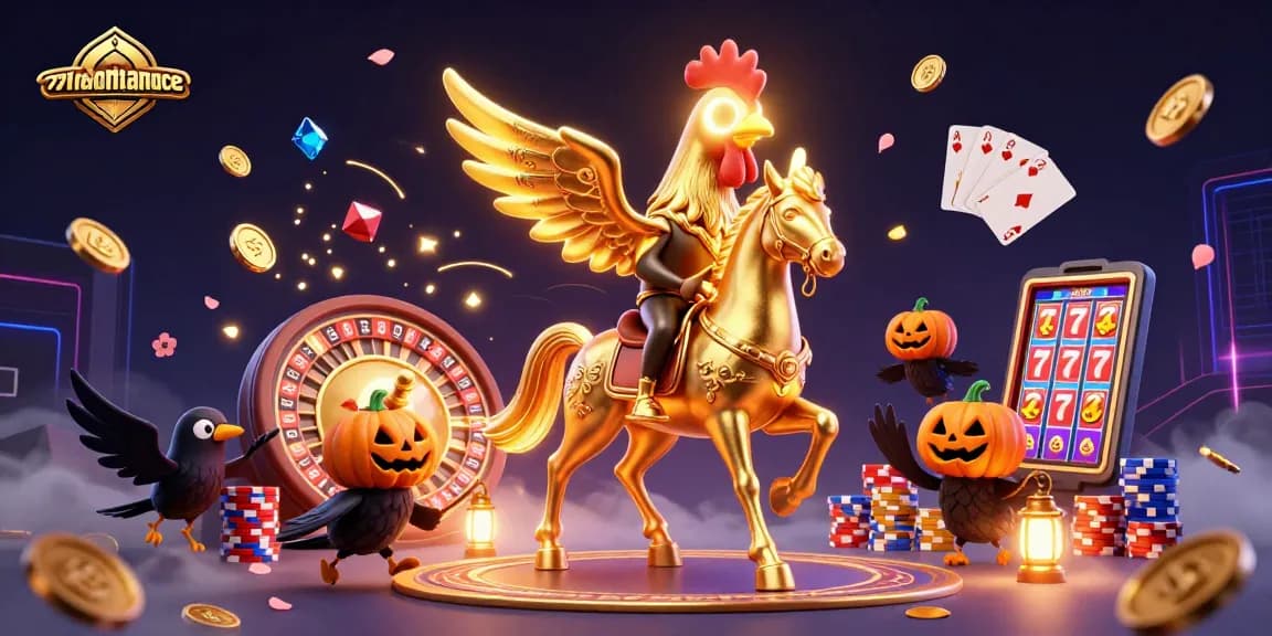 Spin your luck with overthemoonbounce in a vibrant casino scene featuring golden roosters and sparkling games.
