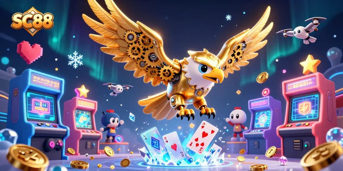 SC88 showcases an engaging scene with a golden eagle surrounded by vibrant gaming elements in a rich casino atmosphere.