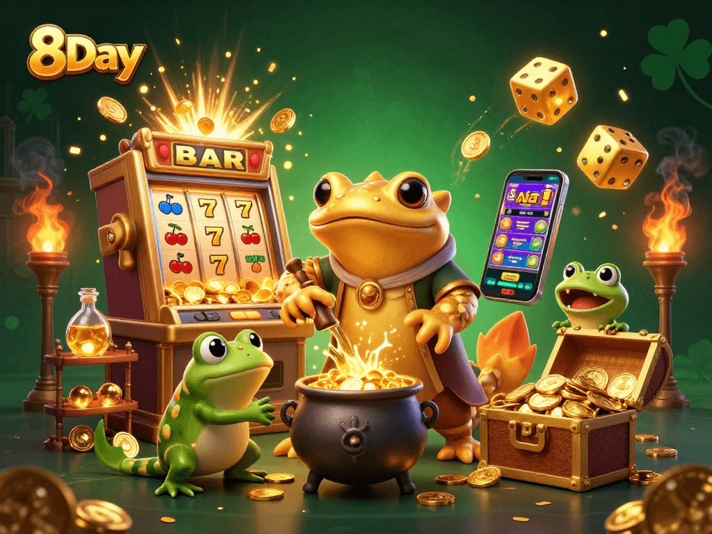 Experience excitement at 8Day with vibrant golden treasures erupting from a slot machine.