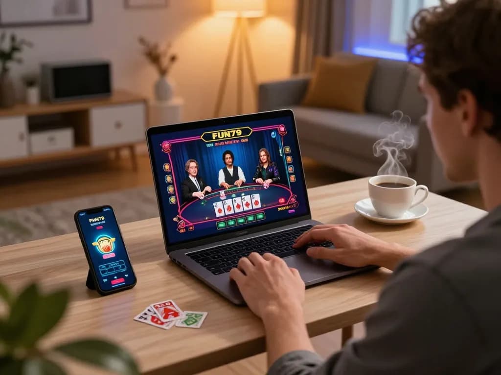 Person playing on FUN79 online gambling platform at home with a cozy atmosphere.