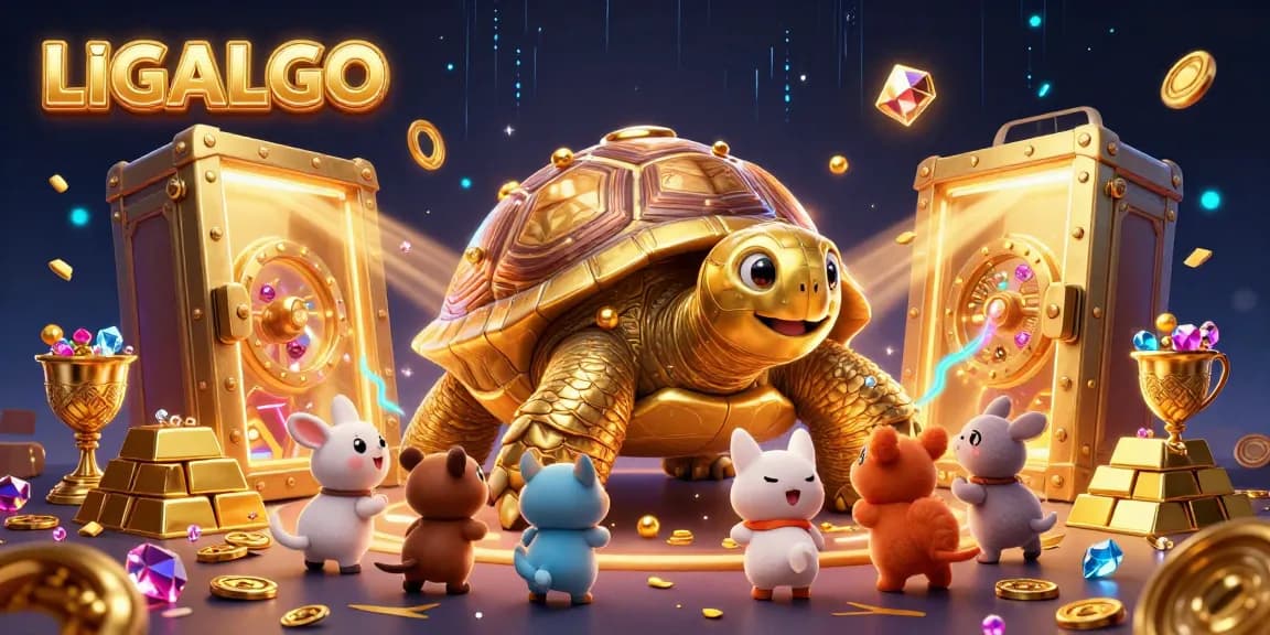 LIGALGO showcases thrilling gambling excitement with a vibrant scene packed with treasures and animated characters.