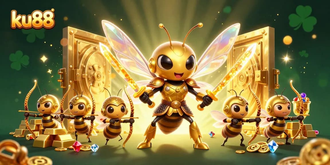 ku88 showcases a vivid 3D scene with a golden hornet and treasures, capturing casino excitement