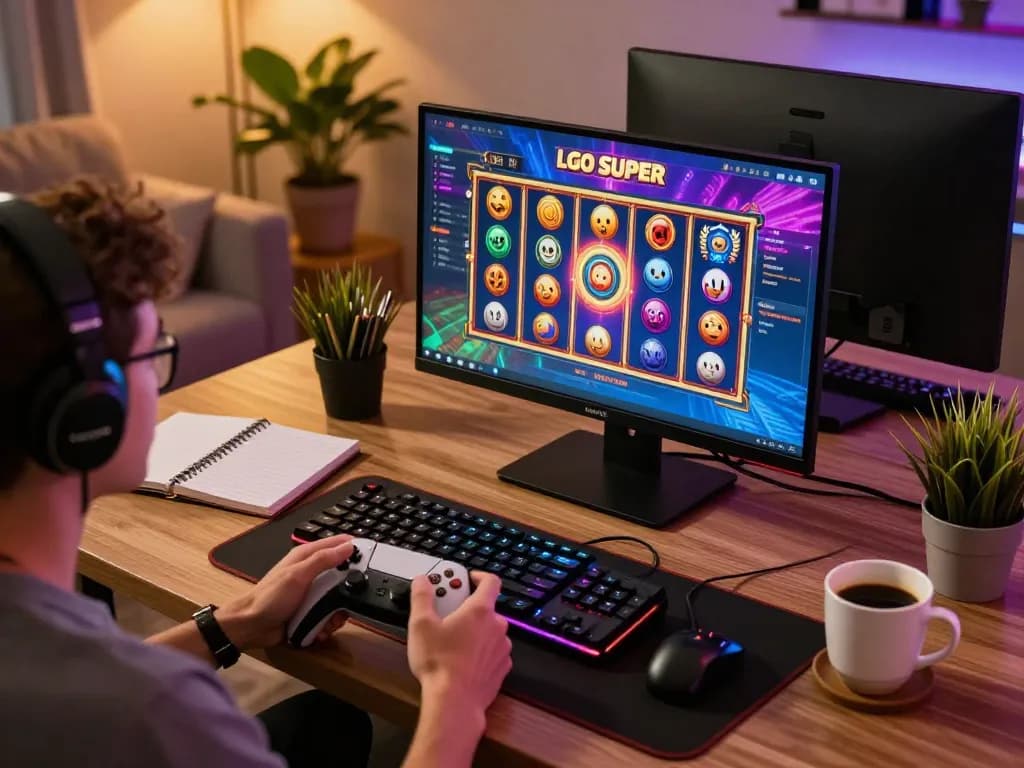 LGO SUPER gaming scenario with a player engaged in online slot gameplay at a stylish home setup.