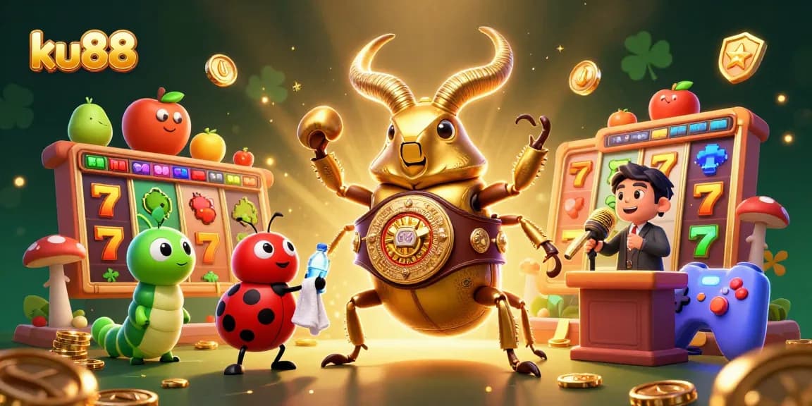 ku88 spins the reels in a vibrant casino scene featuring cartoon characters and colorful slots.