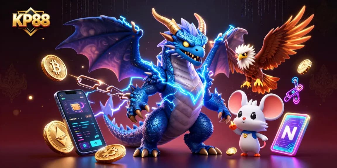 Experience the excitement of KP88 with dynamic gaming elements and vibrant characters in 3D cartoon illustration.