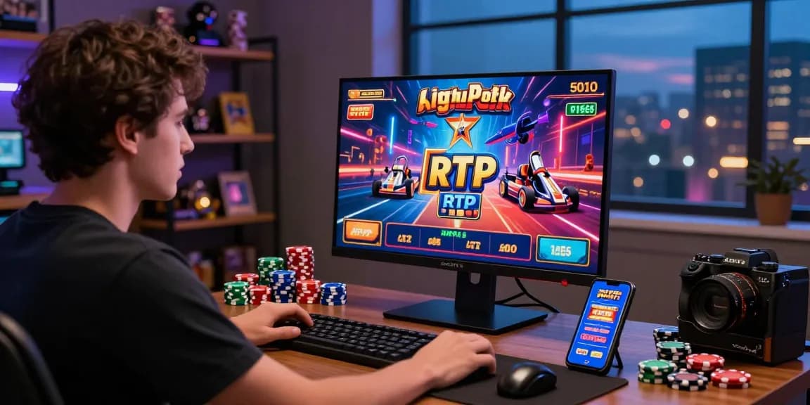 Player enjoying Link Slot Gacor Kartupoker on computer with vibrant graphics and casino chips.